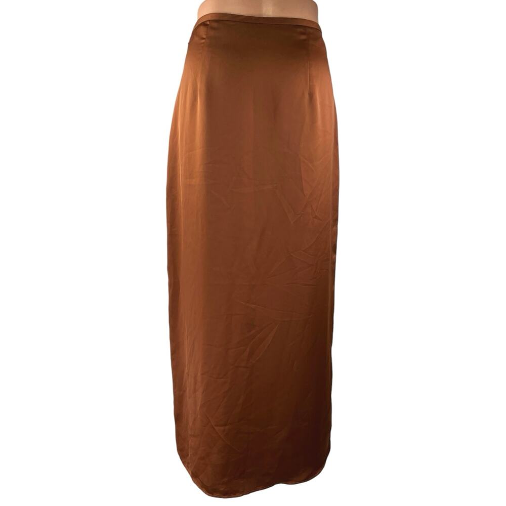 Club Monaco Trycia Brown Silk Satin Slit Zip Midi Straight Pencil Slip Skirt 8 - Picture 3 of 5